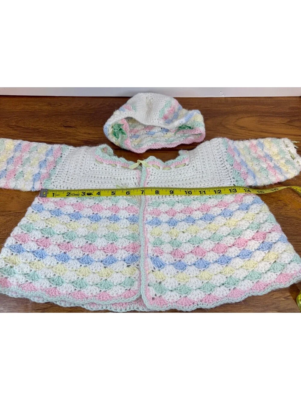 Vintage Handmade Crochet Baby Sweater Set 6-12M Pastel Bonnet Booties Heirloom